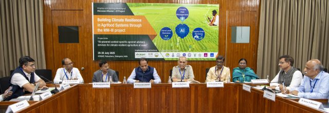 [L-R]: Dr Ram Dhulipala, Director, CGIAR Digital Transformation Accelerator; Dr SK Bal, Project Coordinator (Agromet) ICAR - CRIDA; Dr Suryachandra Rao, Director, IITM; Dr Himanshu Pathak, Director General, ICRISAT; Dr LS Rathore, Former Director General, IMD; Dr Shivananda Pai, Head – Agromet Division, IMD; Dr Padmaja Ravula, Principal Scientist - Sociologist, Gender & Nutrition Research, ICRISAT; and Dr Shalander Kumar, Deputy Global Research Program Director – Enabling Systems Transformation, ICRISAT